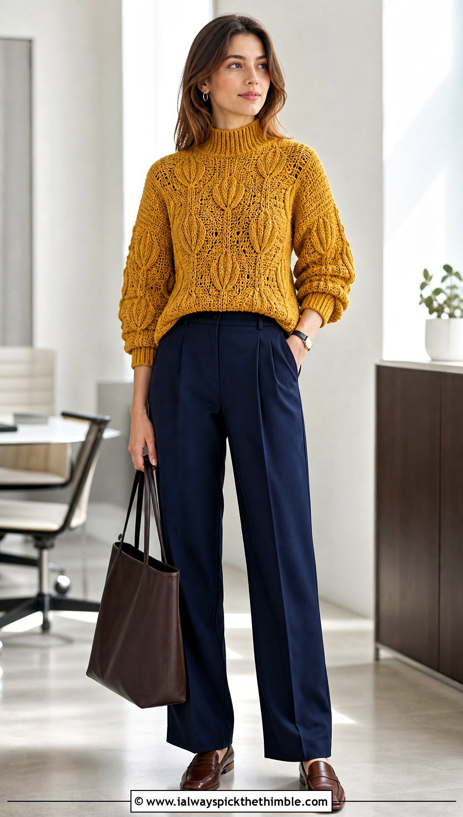 Mock Neck Tulip Crochet Sweater With Pleated Trousers - 20 Tulip Crochet Sweater outfit ideas