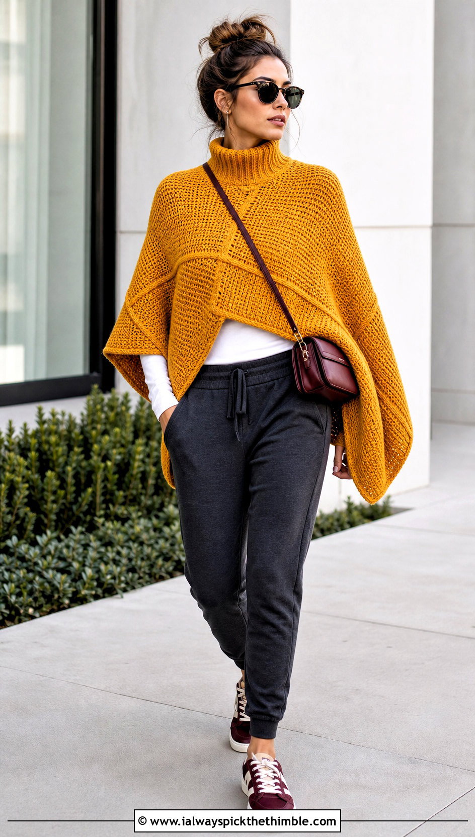 Mock Neck Tunisian Panel Poncho With Joggers - 20 tunisian crochet poncho outfit ideas
