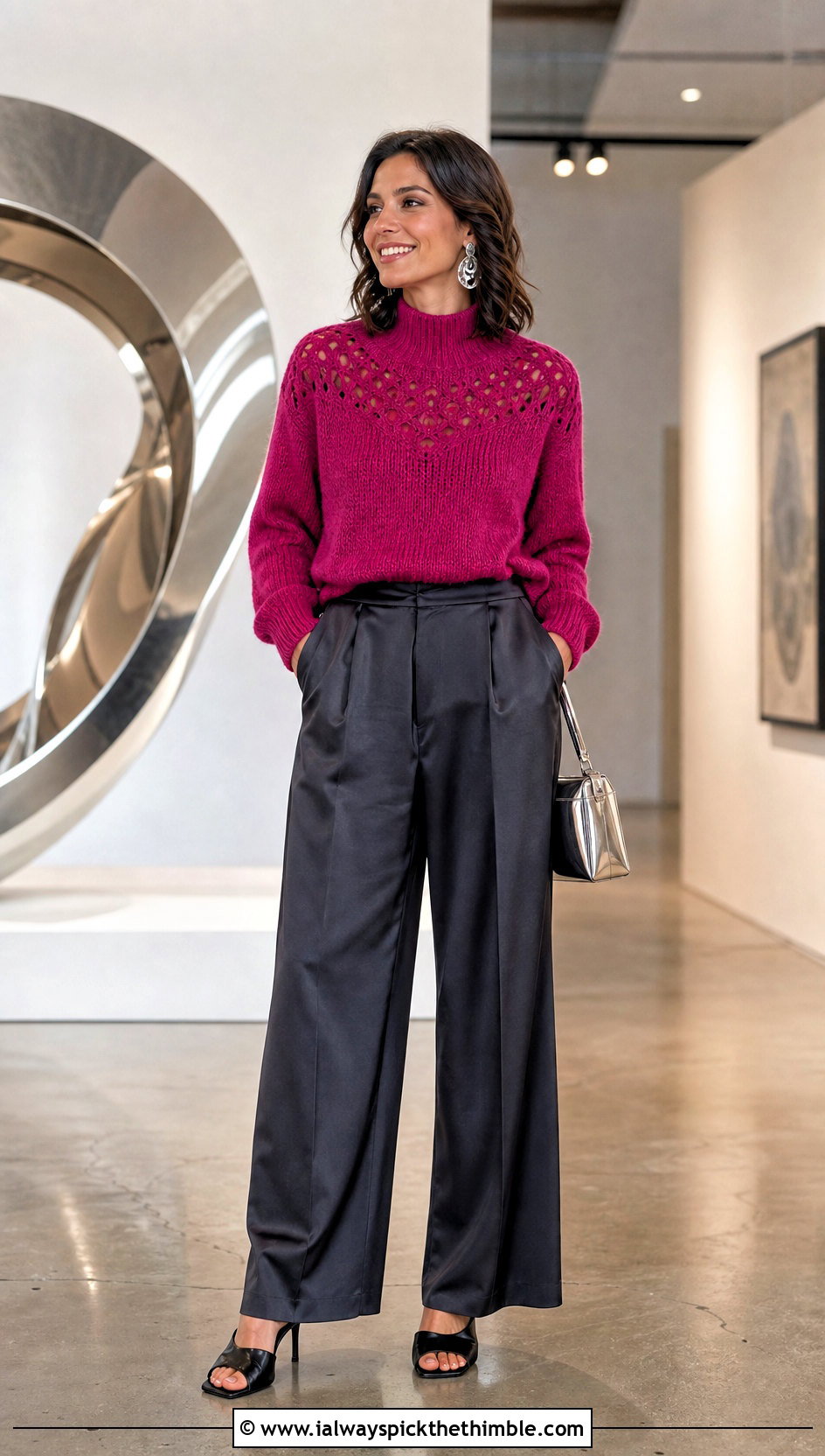 Mock Neck Yoke Crochet Sweater With Satin Pants - 20 Yoke Down Crochet Sweater outfit ideas