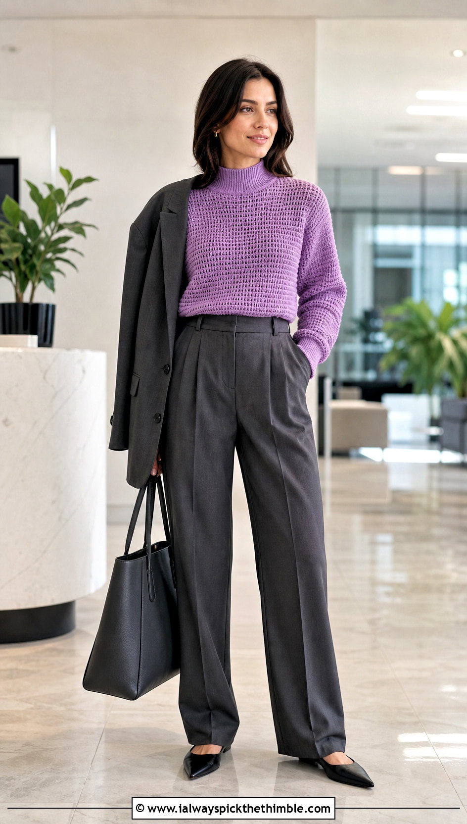 Mock Turtle Neck Crochet Sweater With Suit Trousers - 25 crochet turtle neck sweater outfit ideas
