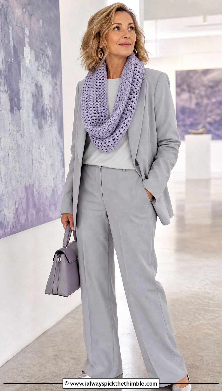 Moebius Crochet Cowl With Monochrome Pantsuit - 20 cowl crochet scarf outfit ideas