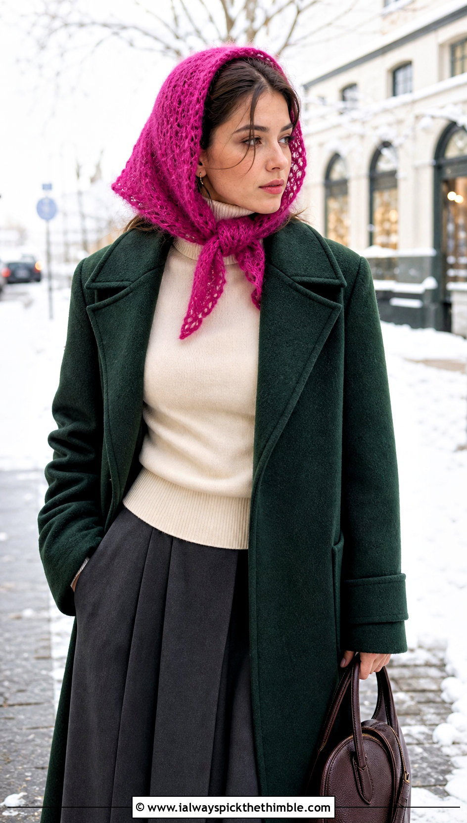 Mohair Bandana Crochet Scarf With Wool Coat And Midi Skirt - 20 Bandana Crochet Scarf outfit ideas