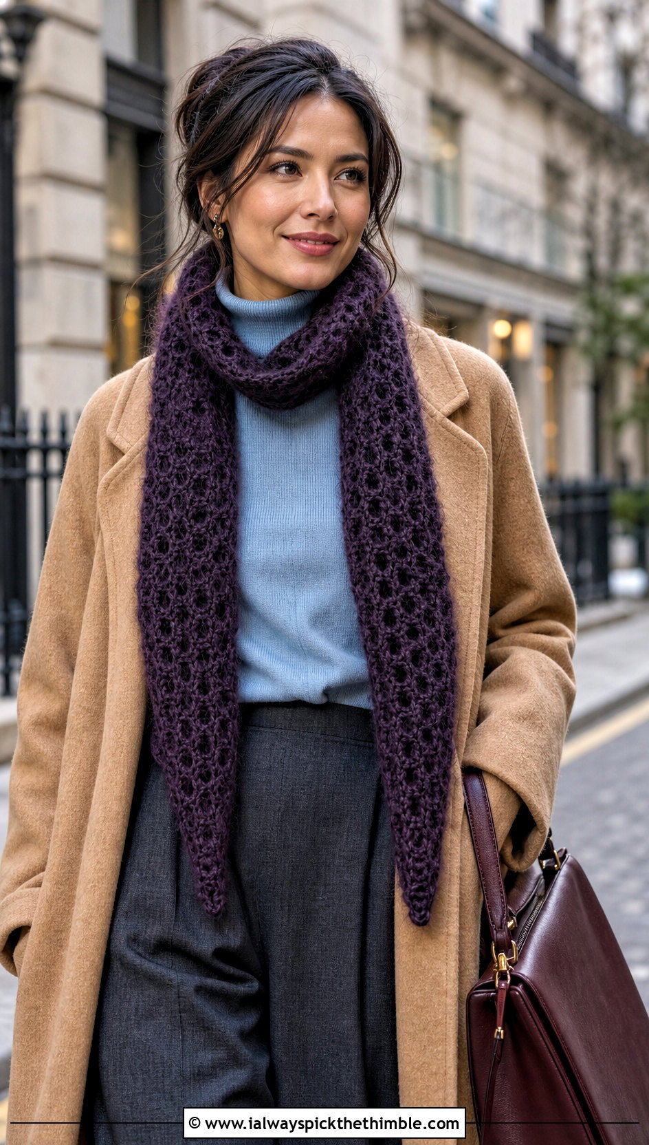 Mohair Blend Crochet Sophie Scarf With Wool Coat And Wide Leg Pants - 25 crochet sophie scarf outfit ideas
