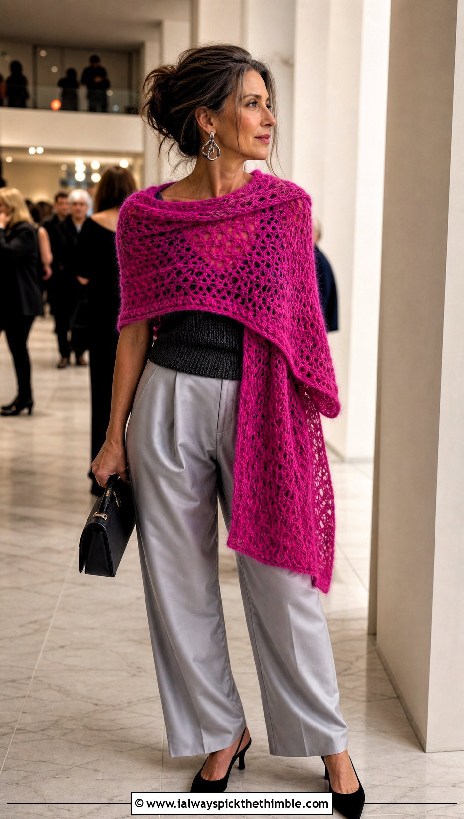 Mohair Blend Sideways Crochet Shawl With Satin Pants - 20 Sideways Crochet Shawl outfit ideas
