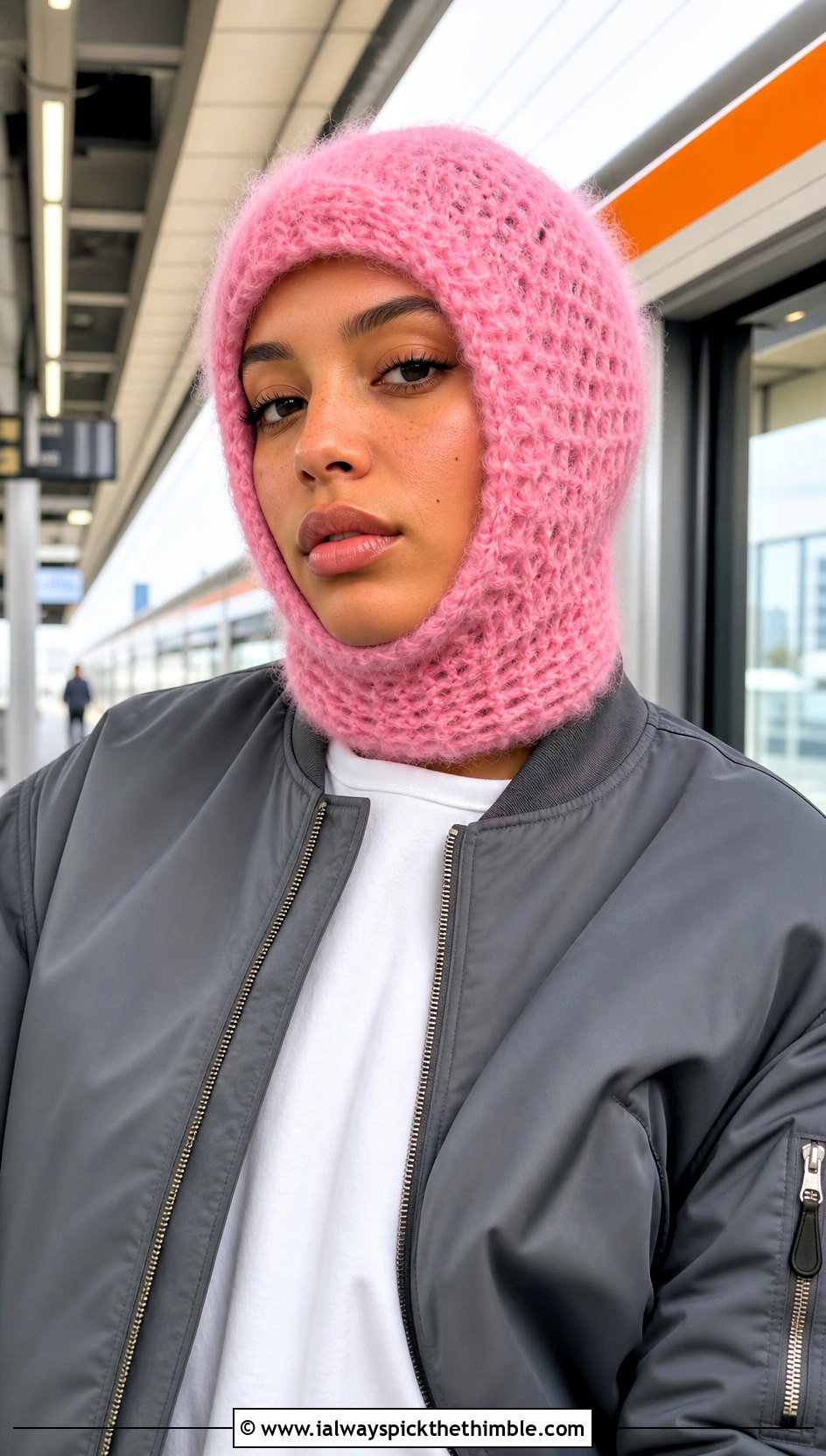 Mohair Crochet Balaclava Hat With Bomber Jacket And Track Pants - 25 Mohair Crochet Hat outfit ideas