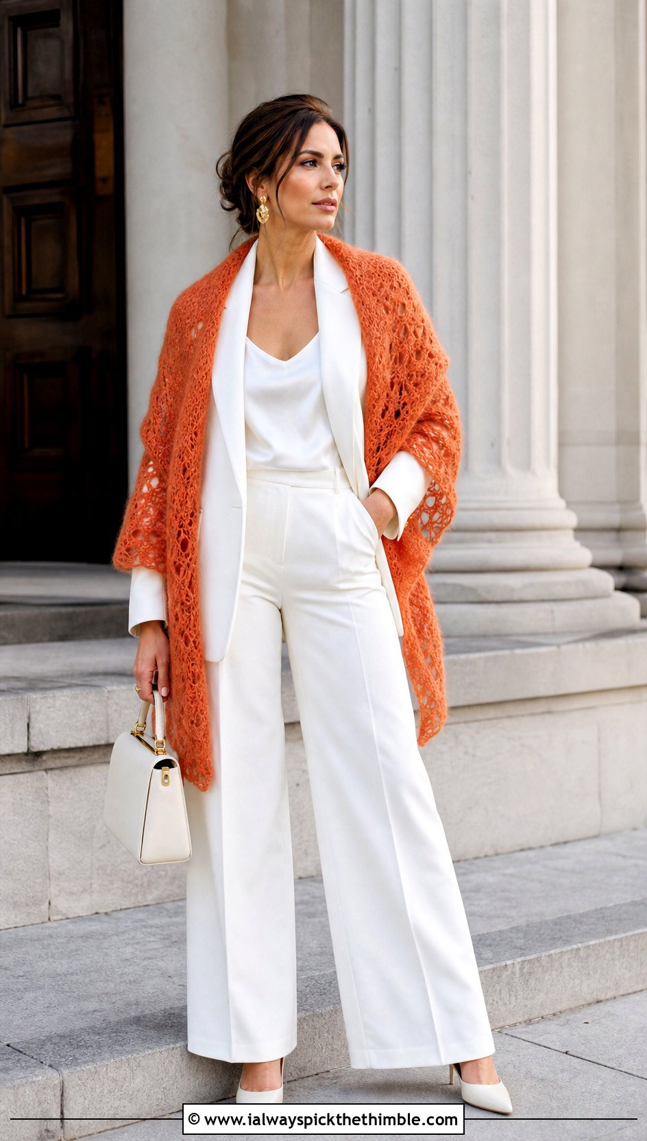 Mohair Crochet Bridal Shawl With Tailored Pantsuit - 20 Crochet Bridal Shawl outfit ideas