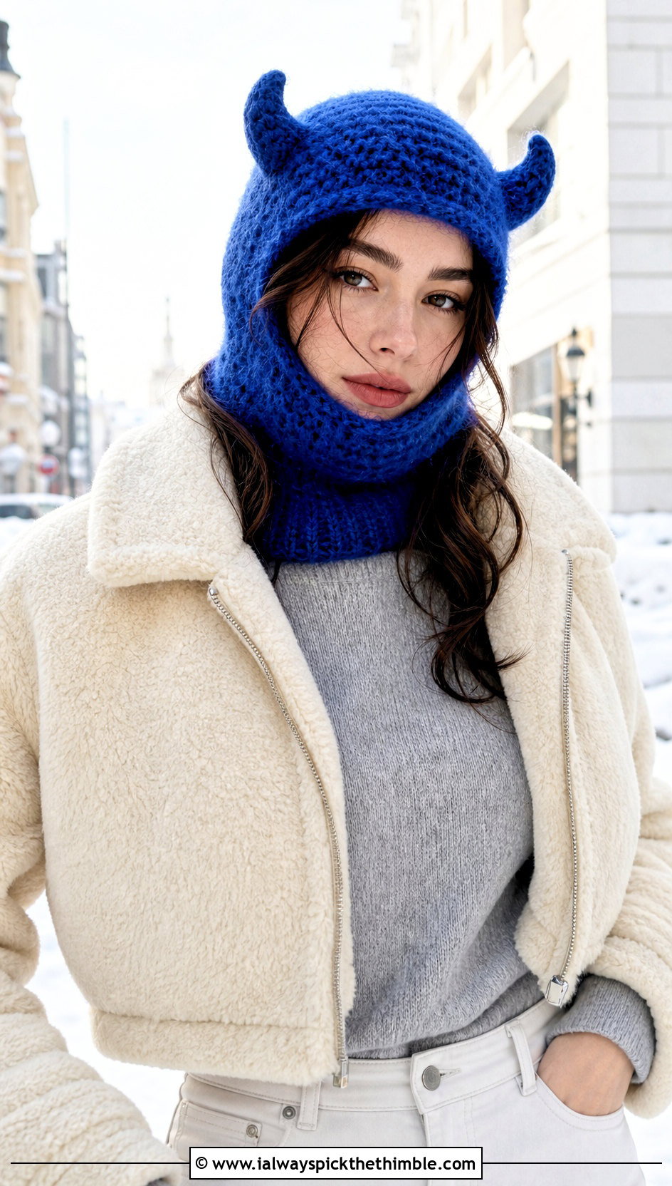 Mohair Crochet Devil Horn Balaclava With Shearling Jacket - 20 crochet devil horn balaclava outfit ideas