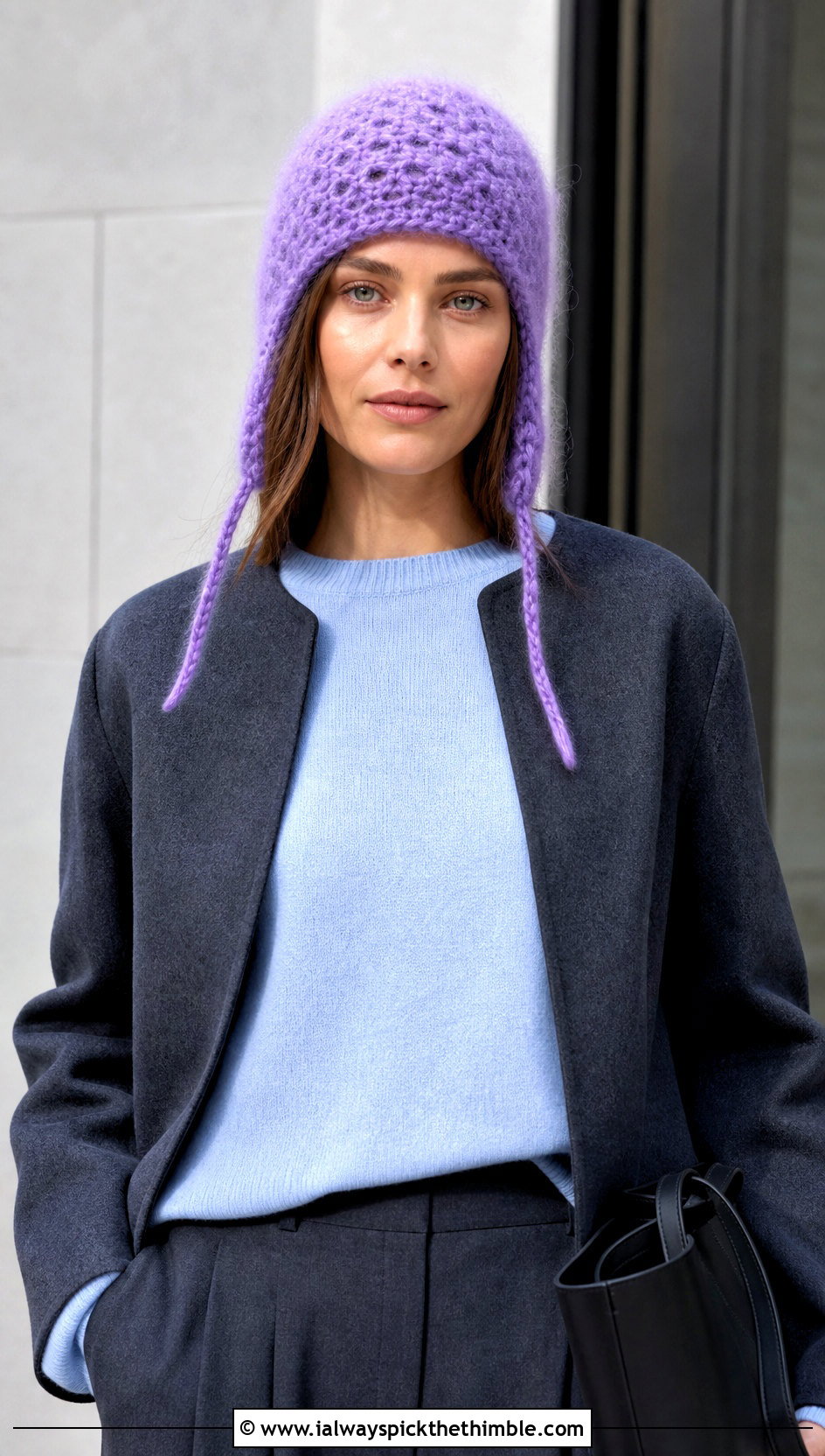 Mohair Crochet Ear Flap Hat With Minimalist Coat - 20 crochet ear flap hat outfit ideas