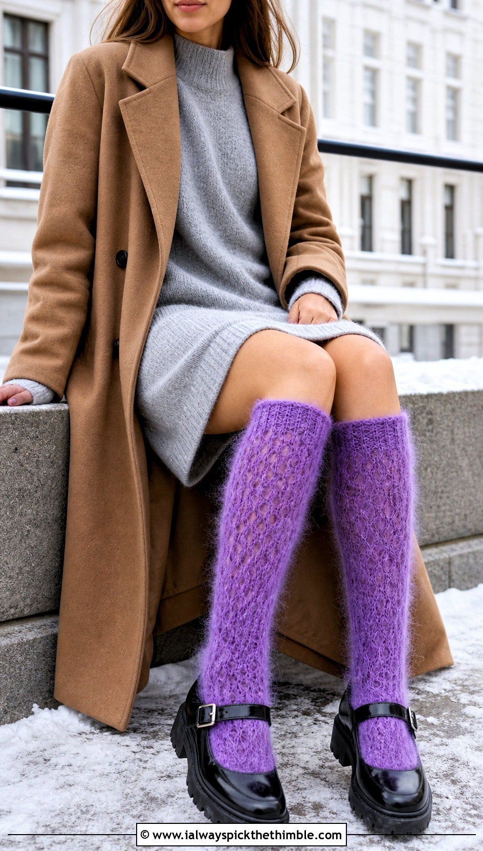 Mohair Crochet Fluffy Knee Socks With Sweater Dress - 20 Crochet Fluffy Socks outfit ideas