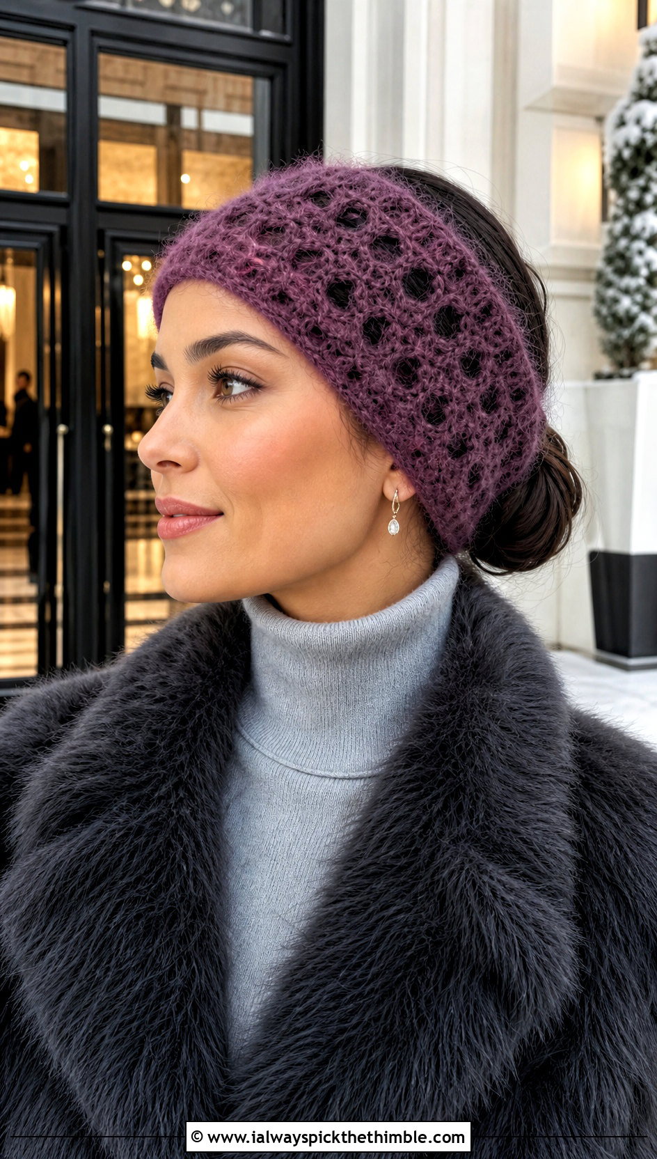 Mohair Crochet Headband With Faux Fur Coat - 25 winter crochet headband outfit ideas