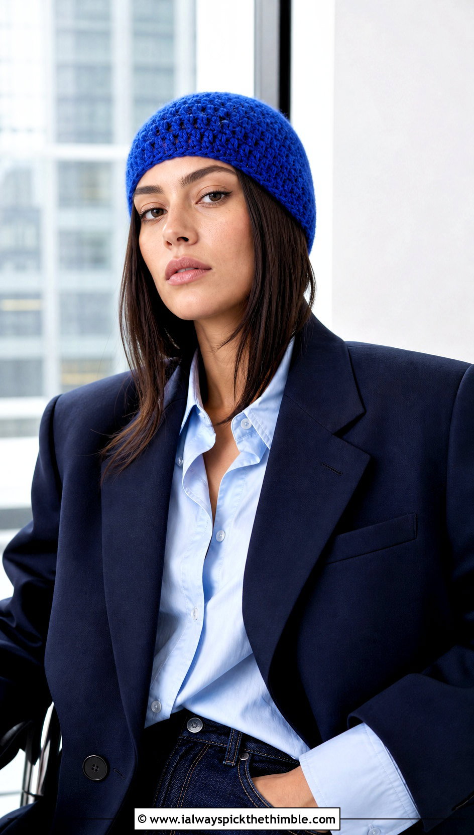 Mohair Crochet Skull Cap With Blazer And Straight Leg Jeans - 25 Mohair Crochet Hat outfit ideas