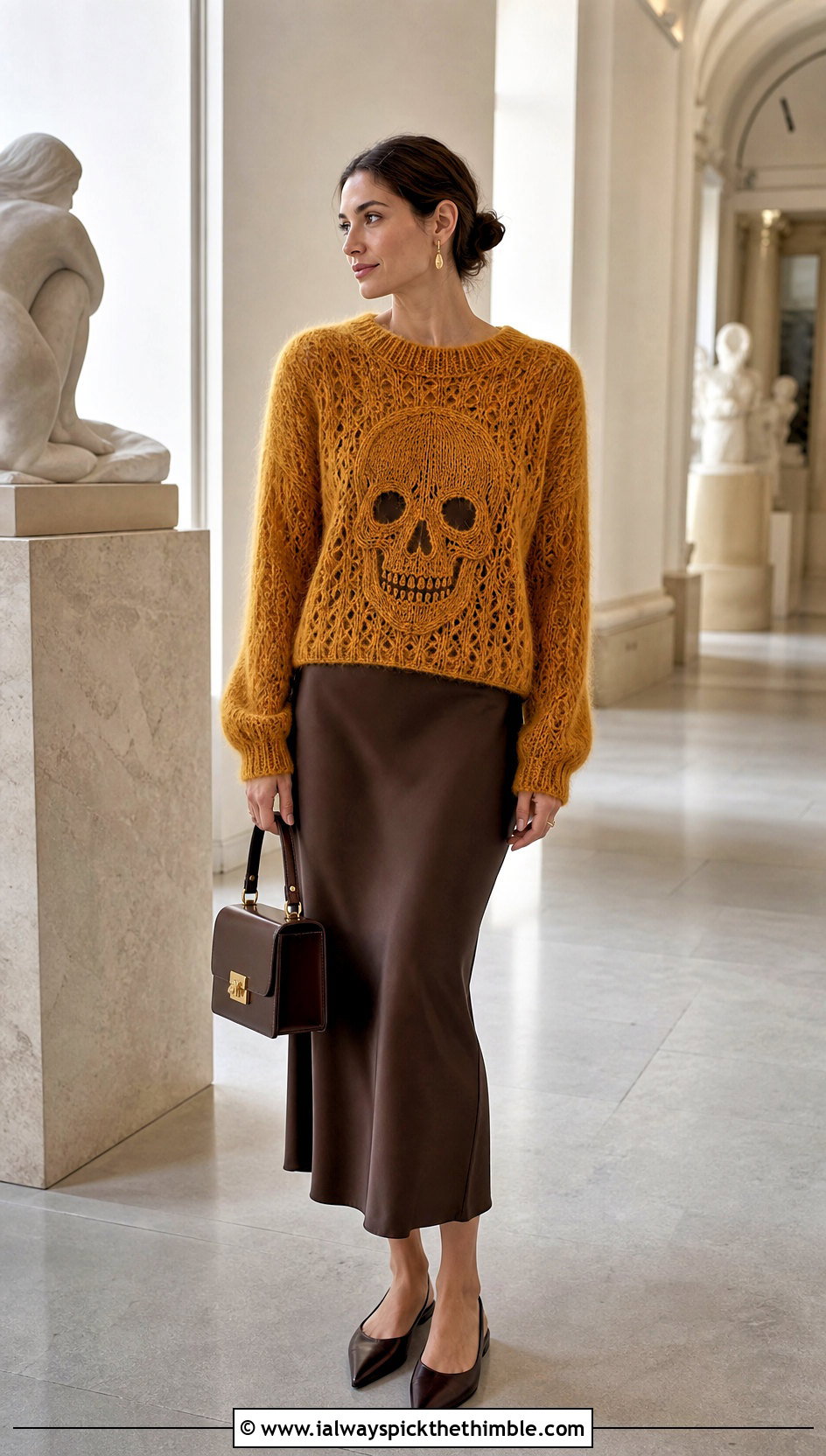 Mohair Crochet Skull Sweater With Silk Midi Skirt - 25 crochet skull sweater outfit ideas