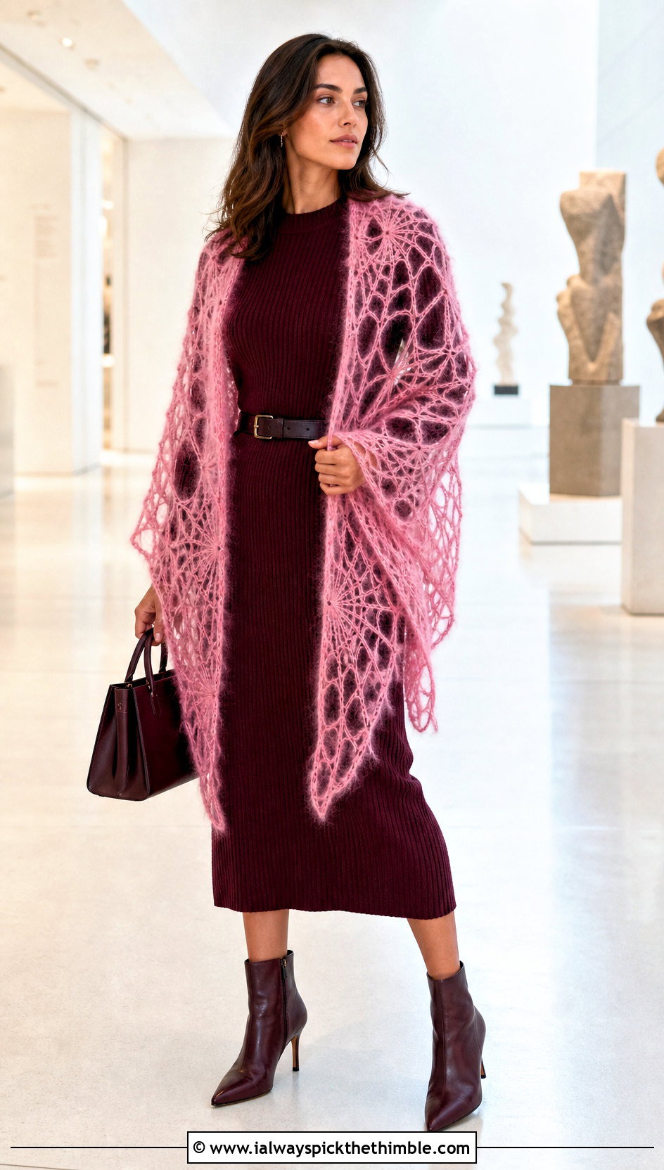 Mohair Crochet Spiderweb Shawl With Knit Dress - 20 Crochet Spiderweb Shawl outfit ideas