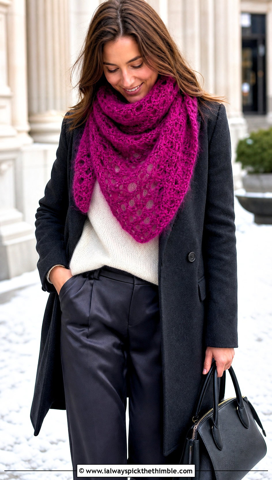 Mohair Crochet Triangle Scarf With Wool Coat And Satin Pants - 25 crochet triangle scarf outfit ideas