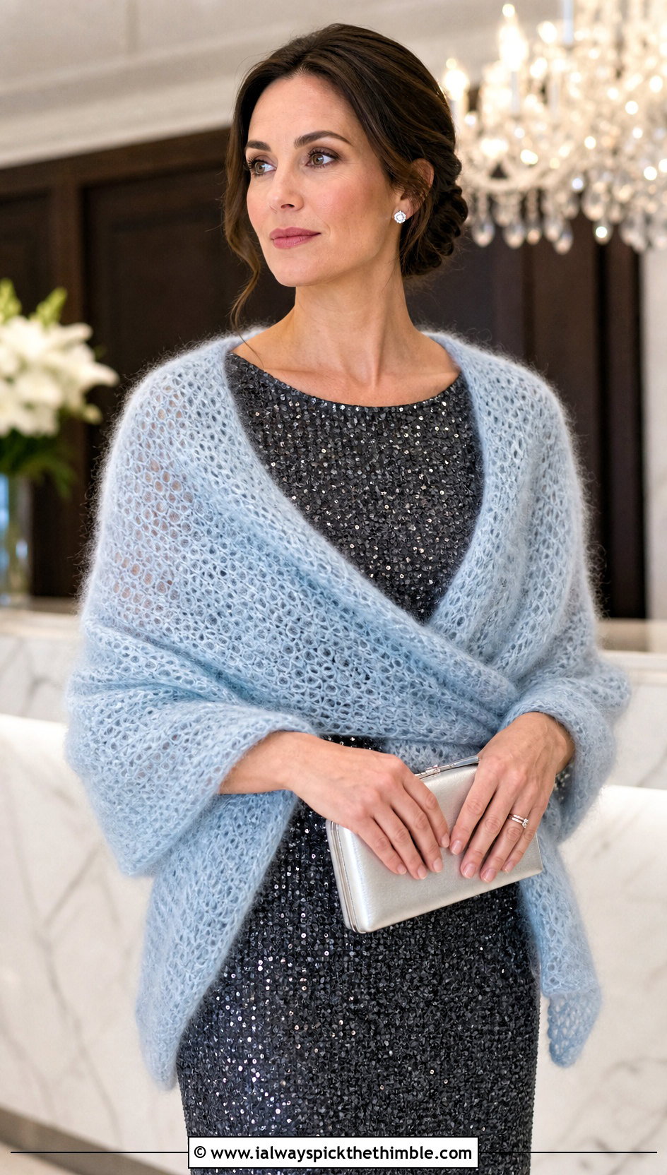 Mohair Crochet Wrap Shawl With Sequin Column Dress - 15 Winter Wedding Crochet Shawl outfit ideas