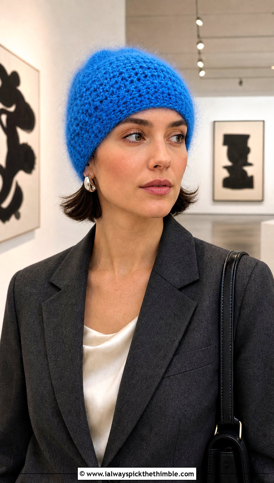 Mohair Fluffy Crochet Beanie With Tailored Suit - 20 fluffy crochet beanie outfit ideas