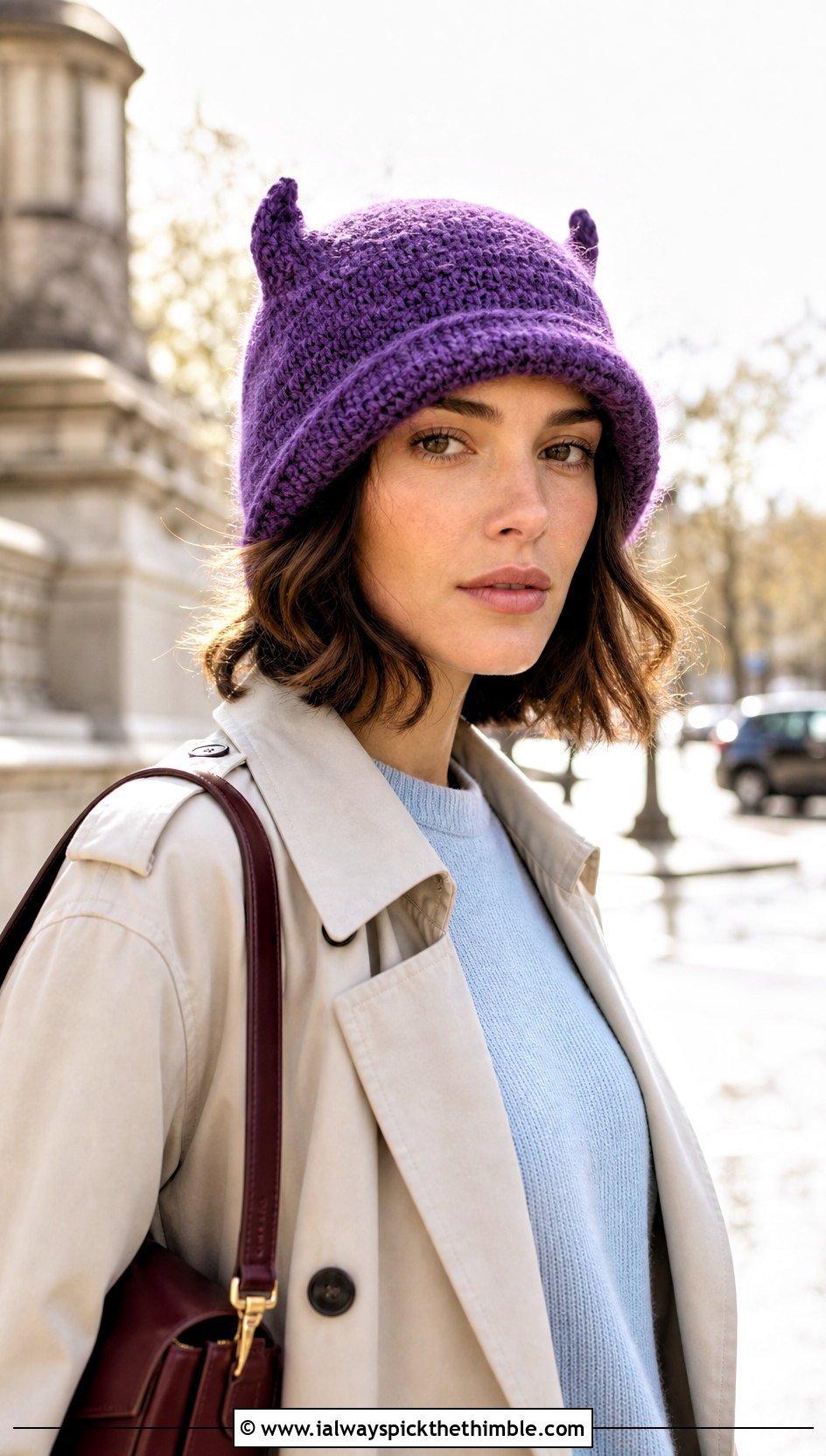 Mohair Horn Crochet Cloche With Trench Coat - 20 crochet hat with horns outfit ideas