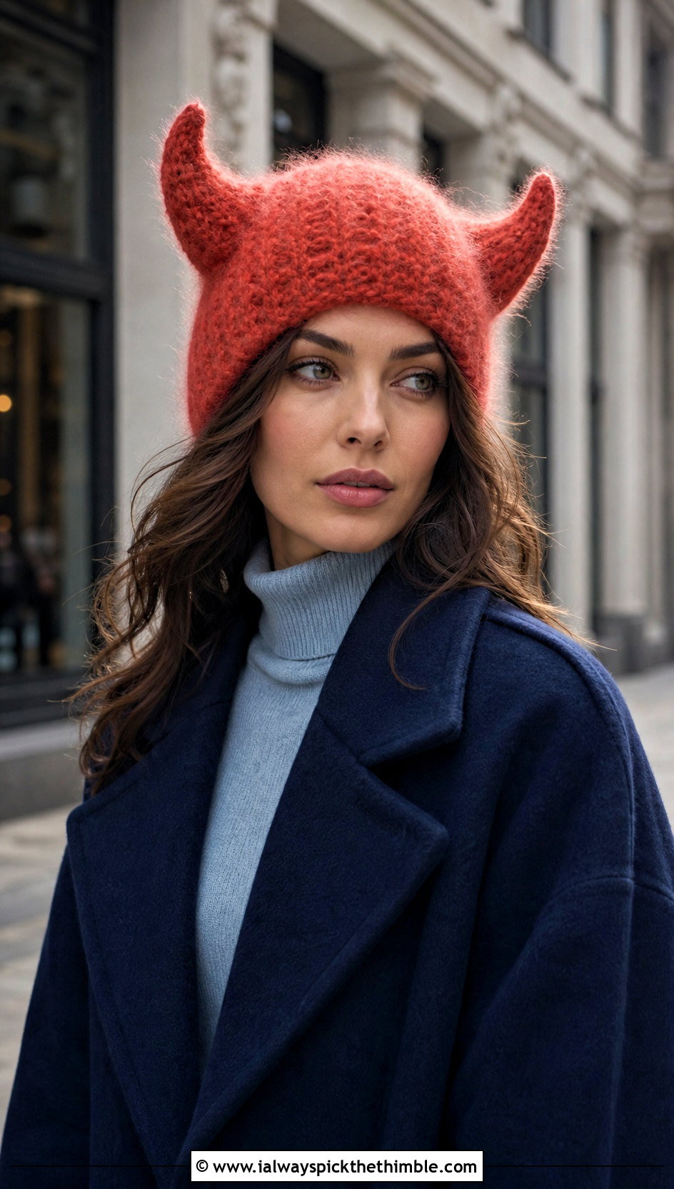 Mohair Horned Crochet Beanie With Wool Coat - 20 Crochet Horned Beanie outfit ideas