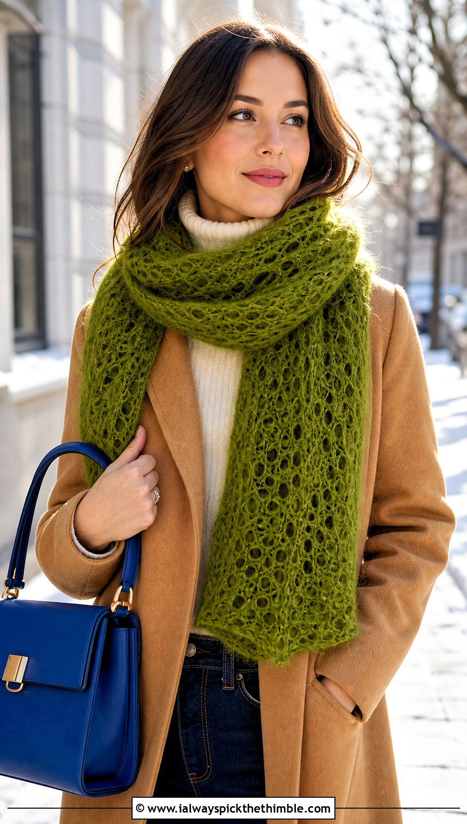 Mohair Lace Green Crochet Scarf With Wool Coat And Straight Jeans - 15 Lacy Green Crochet Scarf outfit ideas