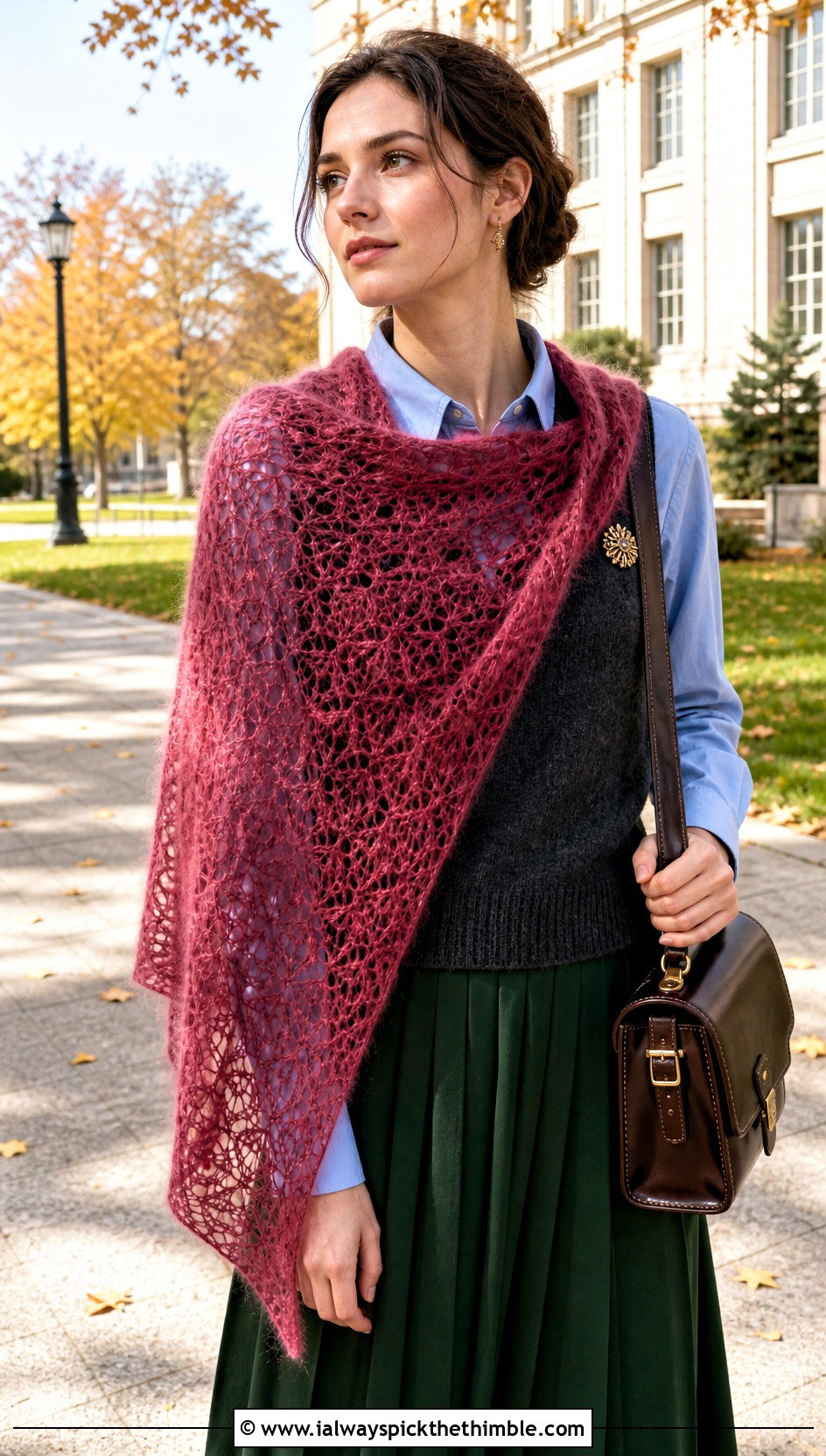 Mohair Lace Triangle Shawl With Sweater Vest And Pleated Skirt - 20 Crochet Lacy Triangle Shawl outfit ideas