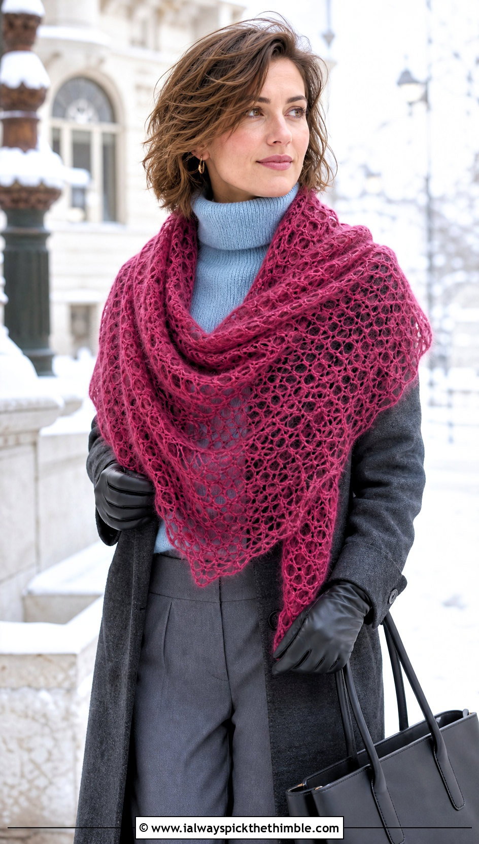 Mohair Lace Triangle Shawl With Winter Coat - 20 Crochet Lace Triangle Shawl outfit ideas