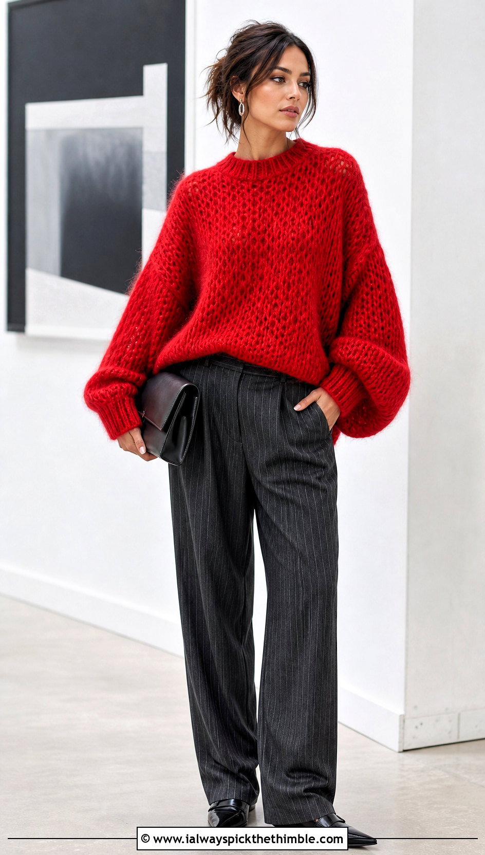 Mohair Look Baggy Crochet Sweater With Pinstripe Trousers - 25 baggy crochet sweater outfit ideas