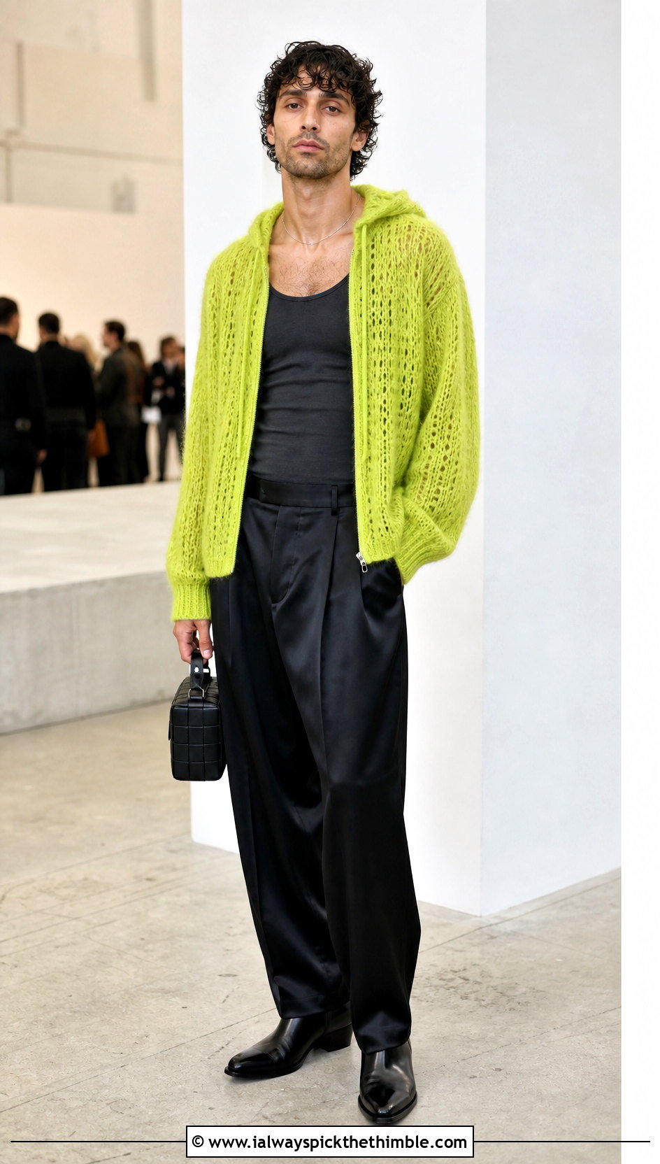 Mohair Look Crochet Hoodie With Satin Trousers - 20 Crochet Hoodie Men outfit ideas