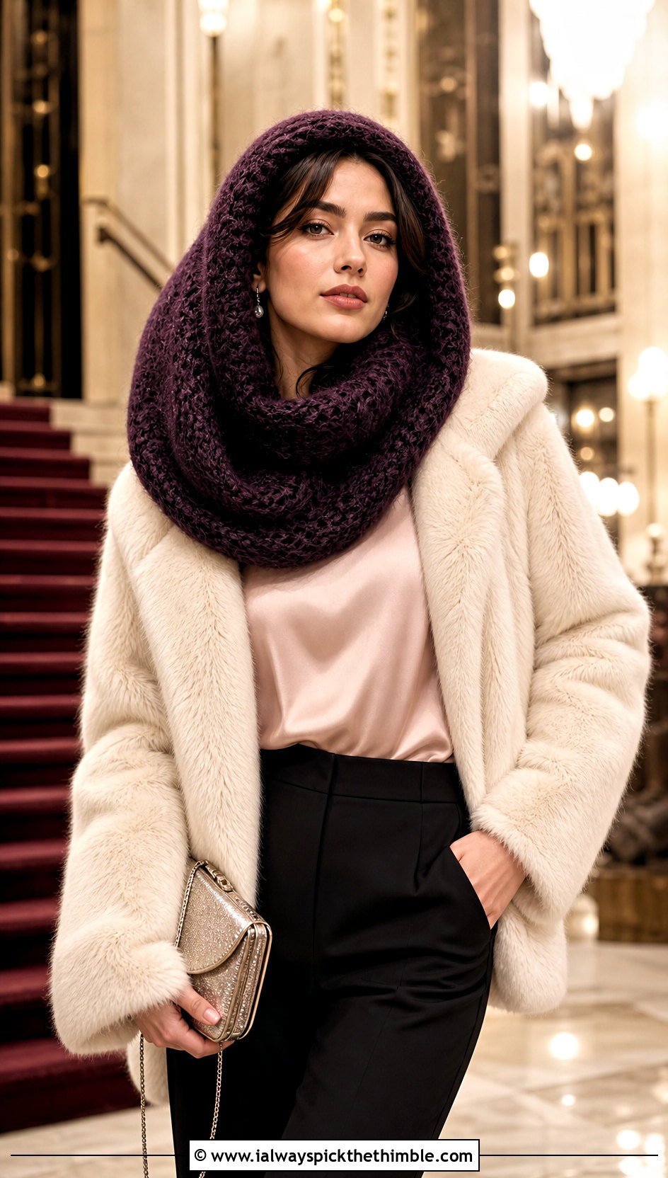 Mohair Look Hood Scarf With Faux Fur Coat - 25 crochet hood scarf outfit ideas