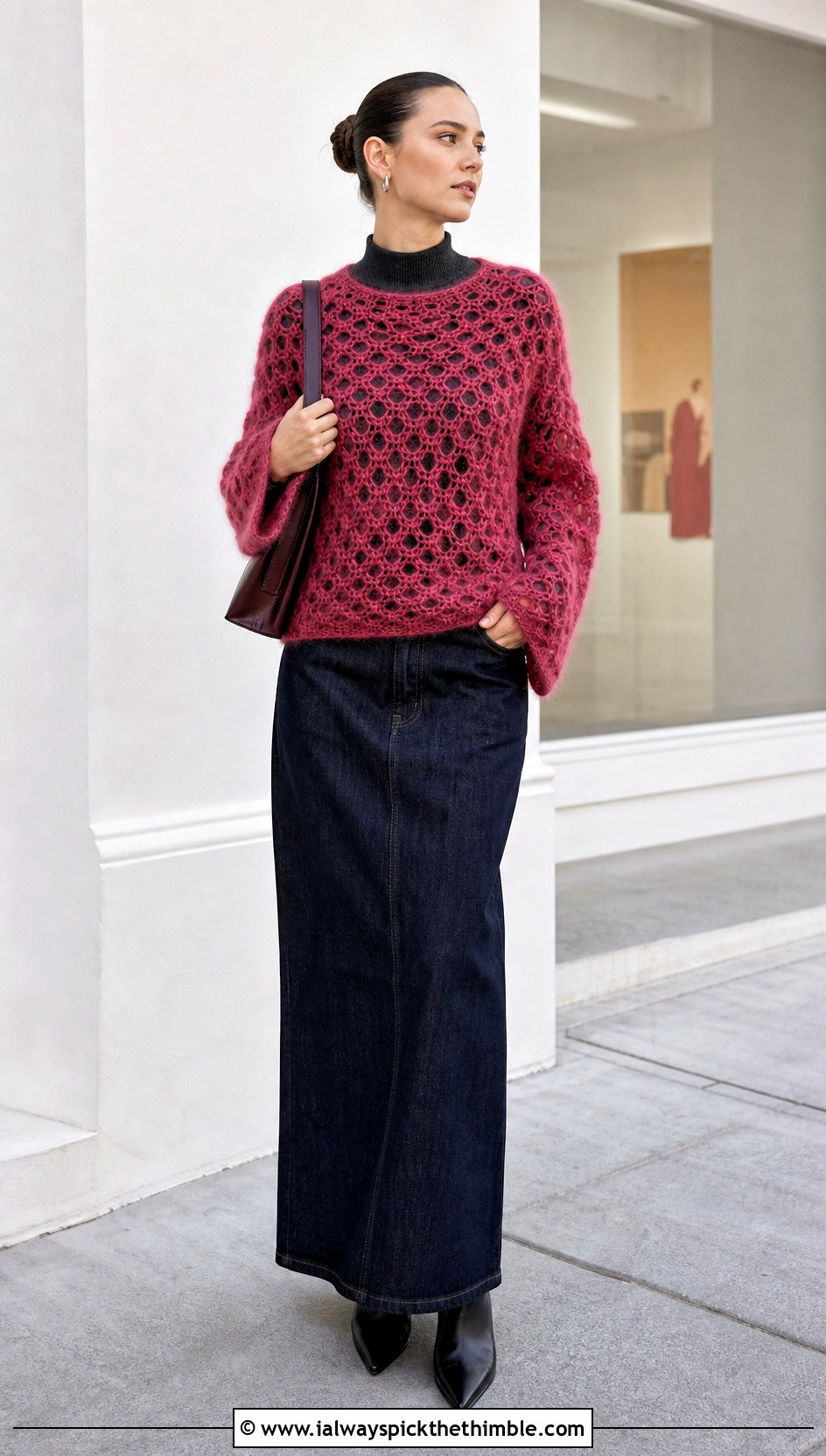 Mohair Mesh Sleeve Crochet Top With Maxi Skirt - 20 crochet mesh sleeve top outfit ideas