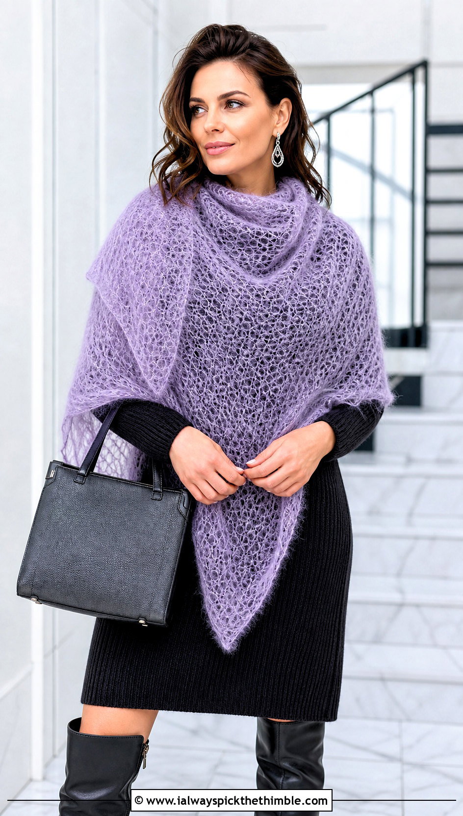 Mohair Mesh Triangle Shawl With Sweater Dress - 20 Crochet Mesh Triangle Shawl outfit ideas