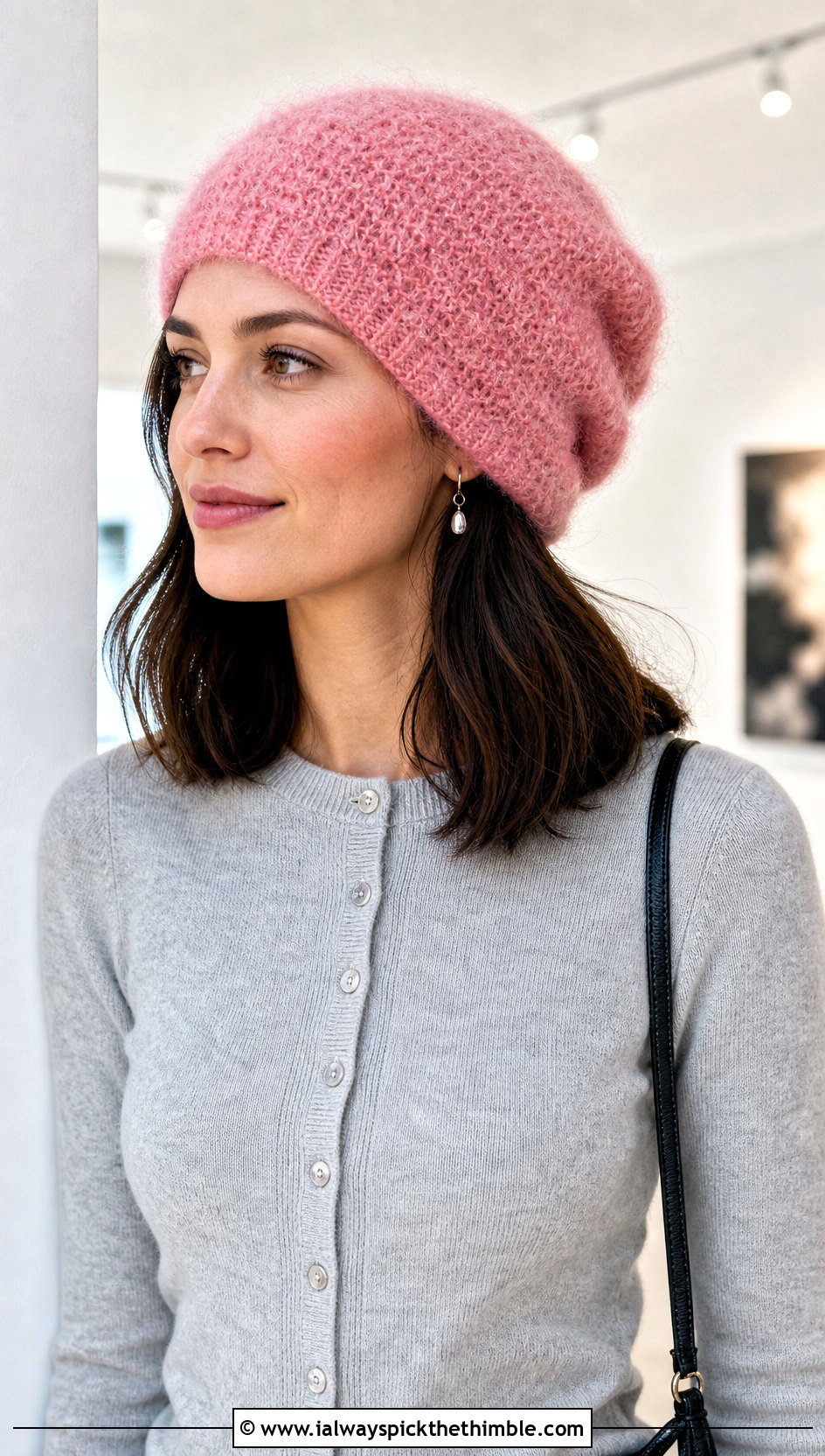 Mohair Moss Stitch Slouch Hat With Cardigan - 20 Crochet Moss Stitch Hat outfit ideas