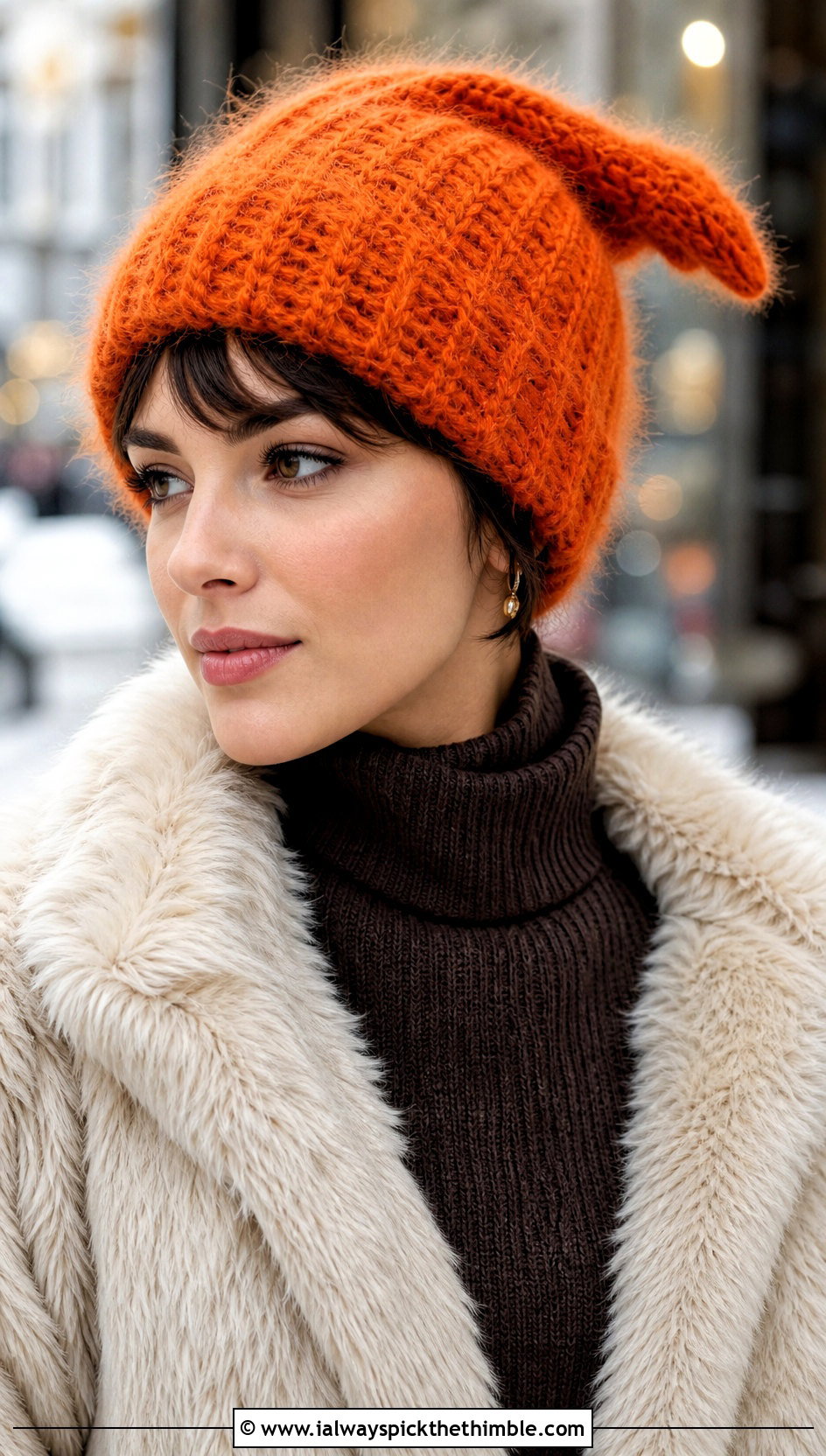 Mohair Pixie Hat With Faux Fur Jacket And Flared Pants - 20 crochet pixie hat outfit ideas