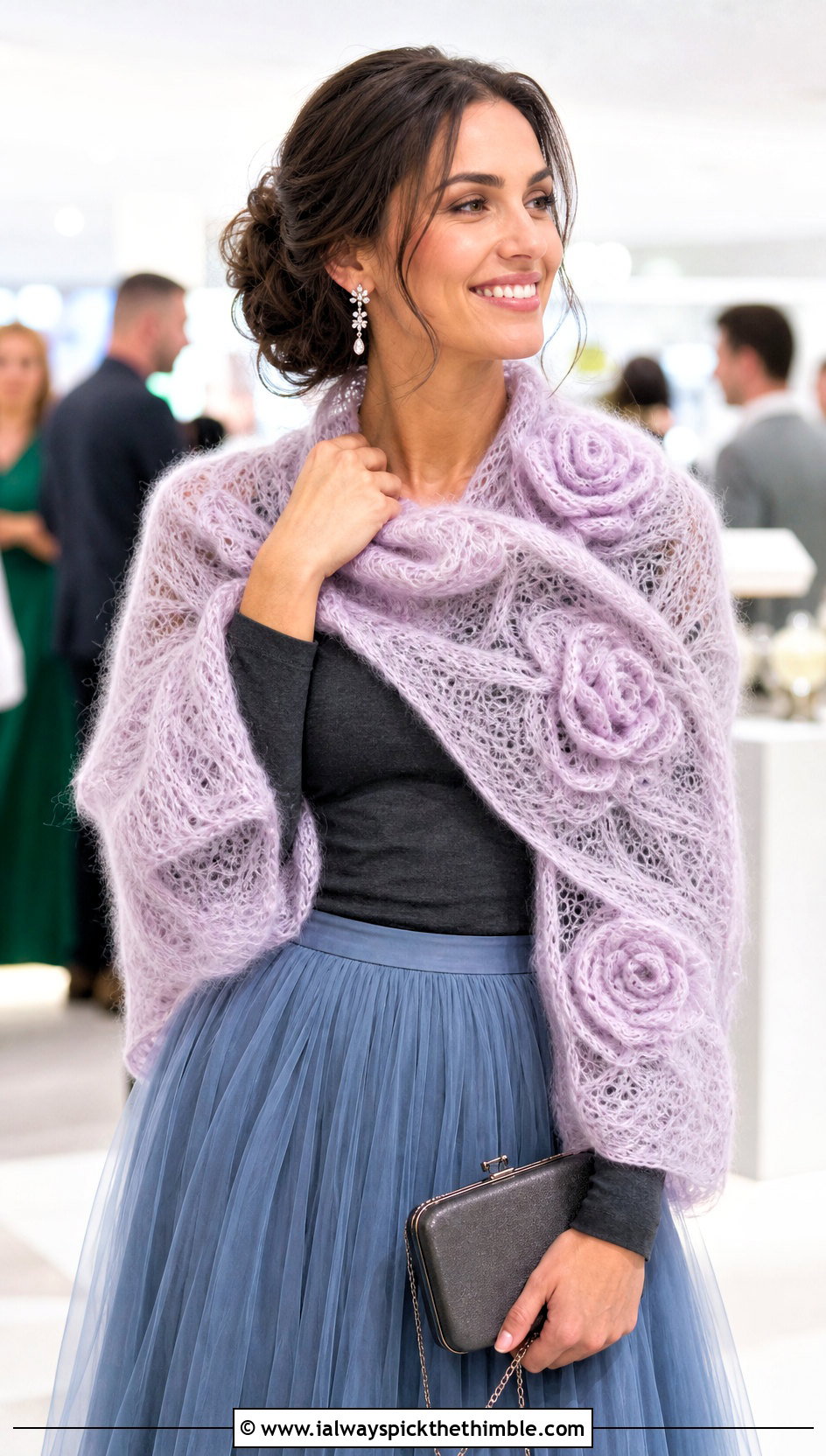 Mohair Rose Motif Shawl With Tulle Skirt - 20 Crochet Rose Shawl outfit ideas