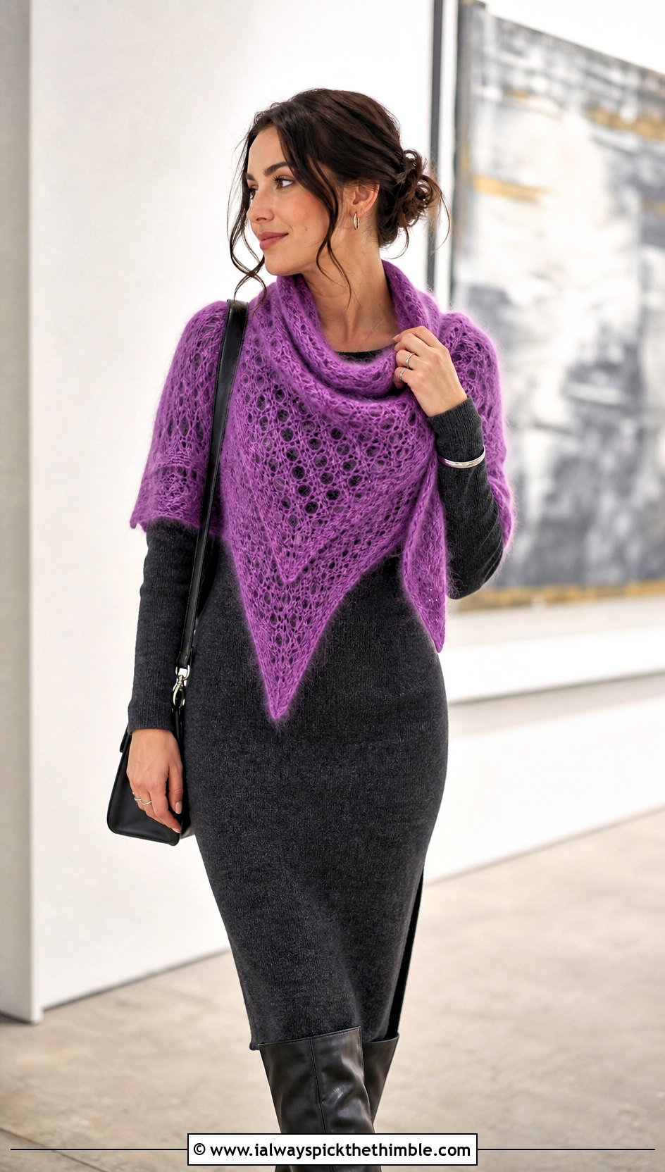 Mohair Triangle Crochet Shawl With Knit Dress - 25 triangle crochet shawl outfit ideas