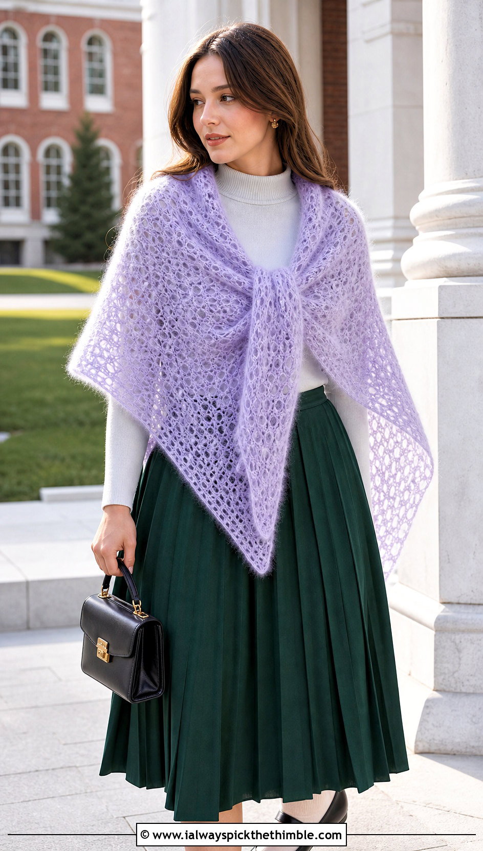 Mohair Triangle Crochet Shawl With Pleated Skirt And Mary Janes - 20 easy triangle crochet shawl outfit ideas