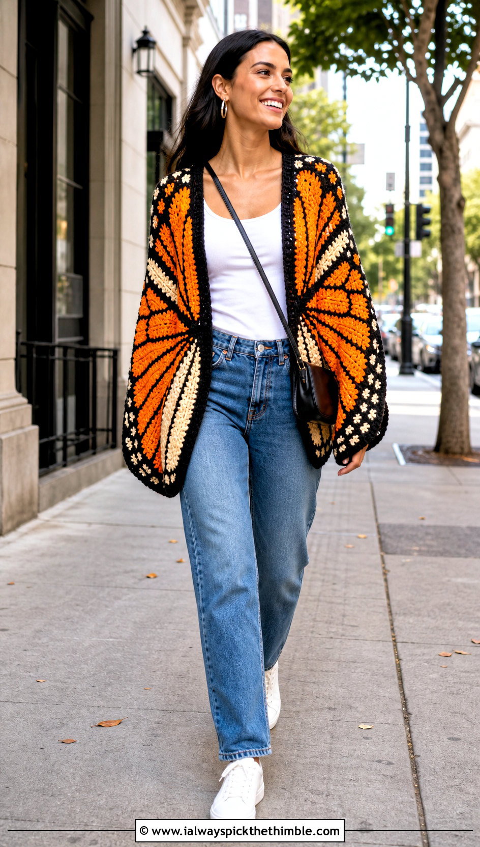 Monarch Tapestry Crochet Butterfly Cardigan With Straight Leg Jeans - 25 crochet butterfly cardigan outfit ideas