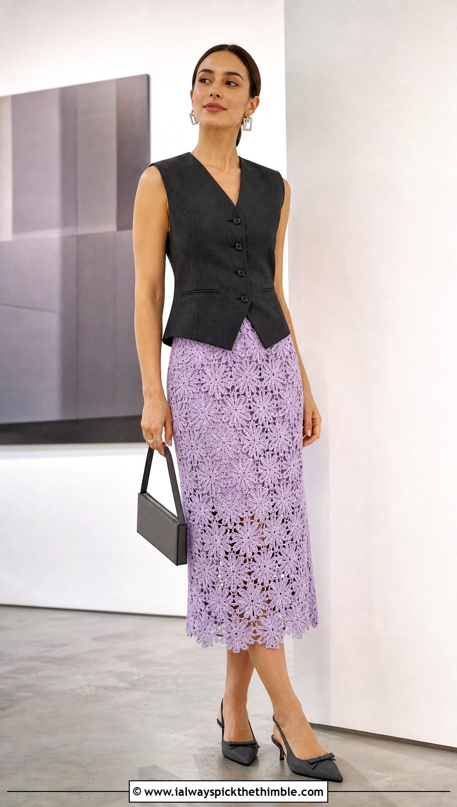 Monochrome Crochet Flower Midi Skirt With Tailored Vest - 25 crochet flower skirt outfit ideas