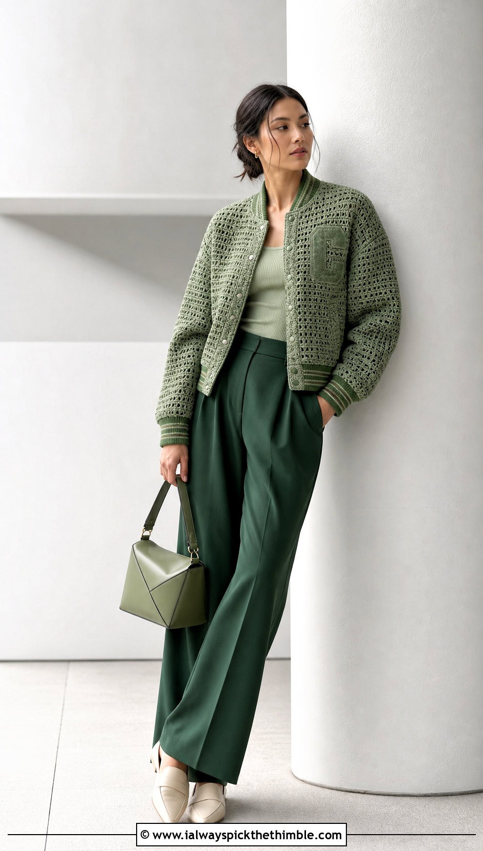 Monochrome Crochet Letterman Jacket With Matching Trousers - 20 crochet letterman jacket outfit ideas