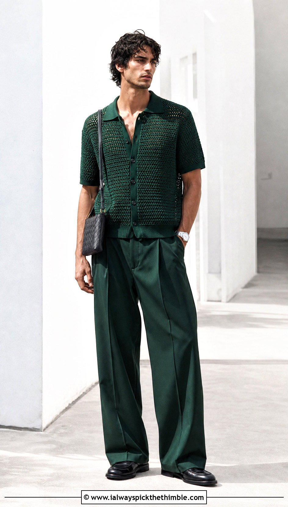 Monochrome Crochet Shirt With Wide Leg Pants - 25 men's crochet shirt outfit ideas