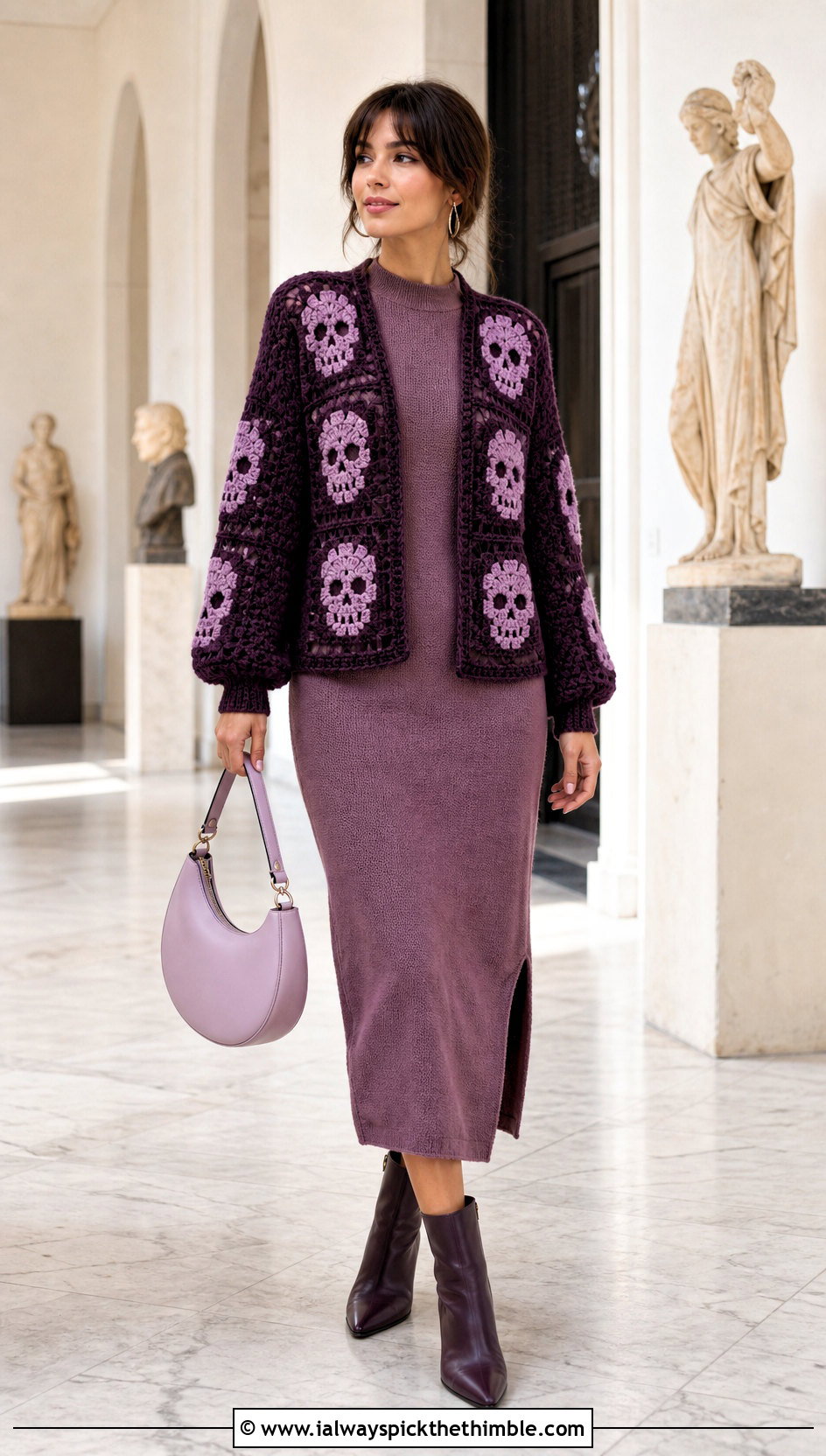 Monochrome Crochet Skull Granny Square Cardigan With Knit Midi Dress - 20 crochet skull granny square cardigan outfit ideas