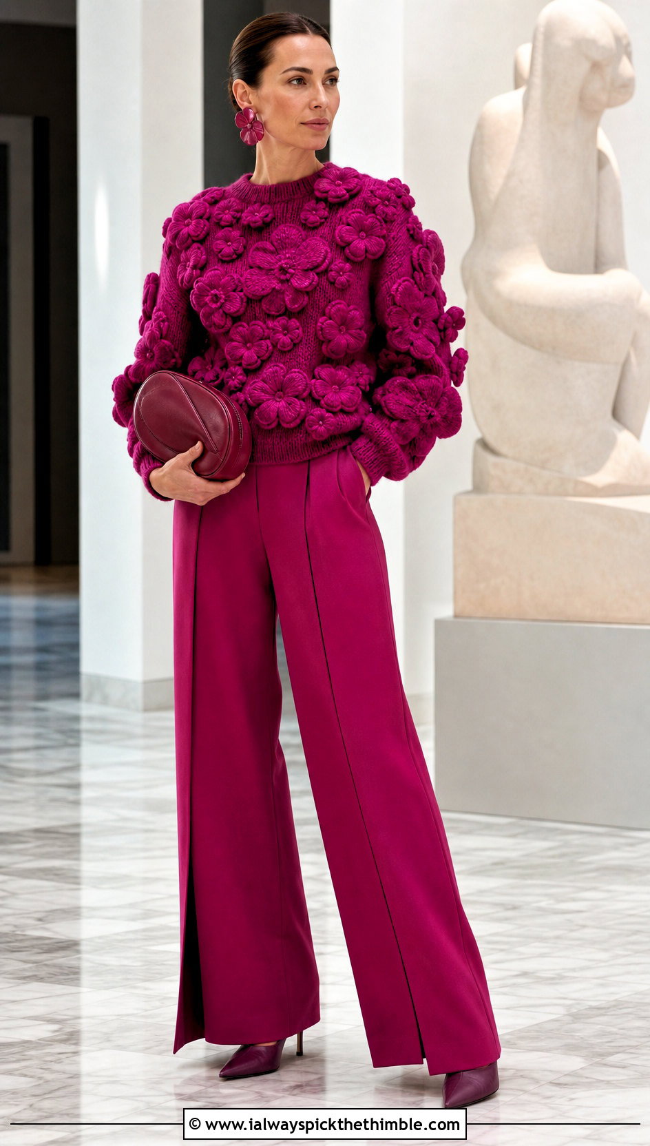 Monochrome Flower Applique Sweater With Matching Pants - 20 crochet flowers on sweater outfit ideas