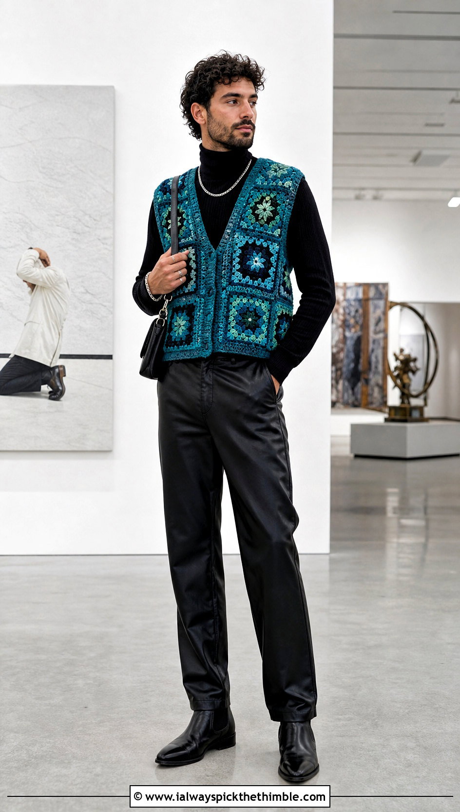 Monochrome Geometric Granny Square Vest With Turtleneck And Leather Pants - 20 crochet granny square mens vest outfit ideas