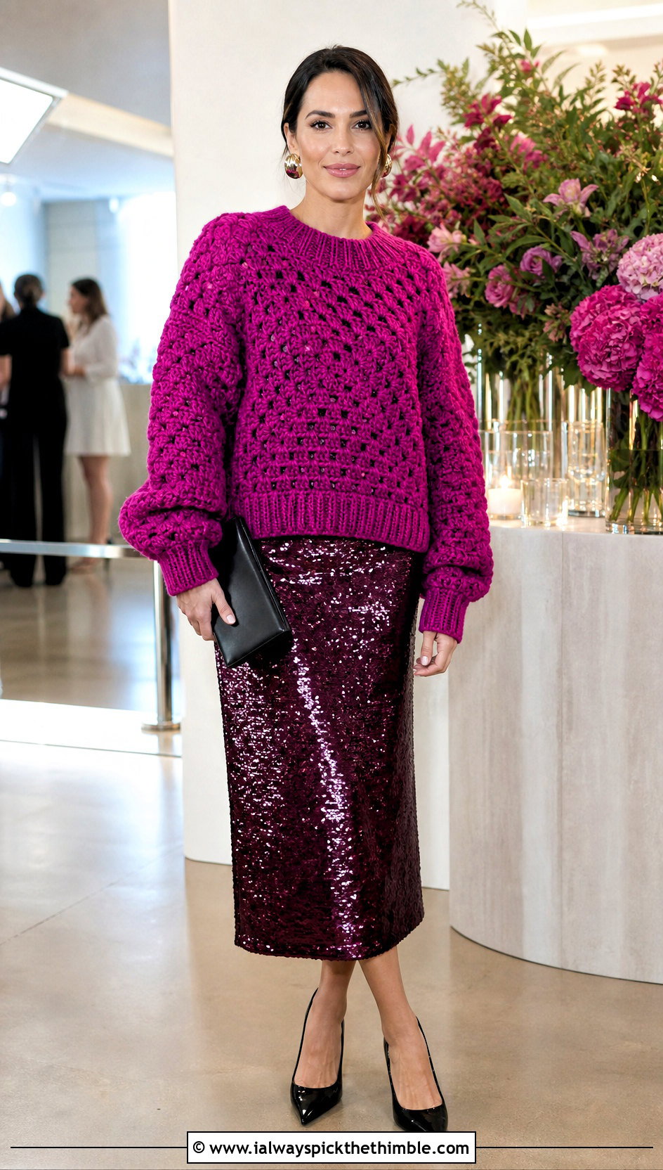 Monochrome Giant Granny Square Sweater With Sequin Midi Skirt - 20 giant granny square sweater outfit ideas