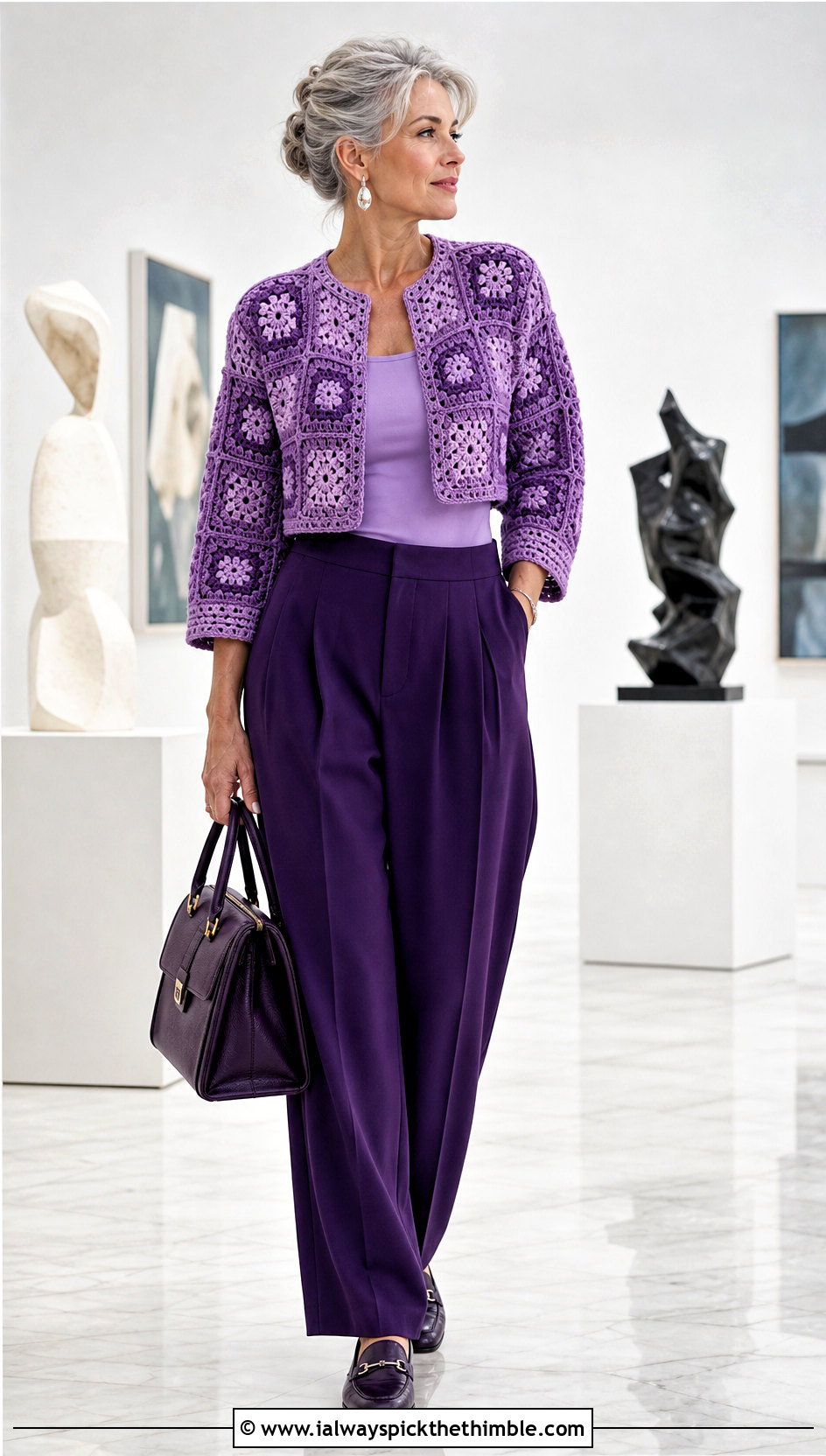Monochrome Granny Square Bolero With Pleated Pants - 25 granny square bolero outfit ideas