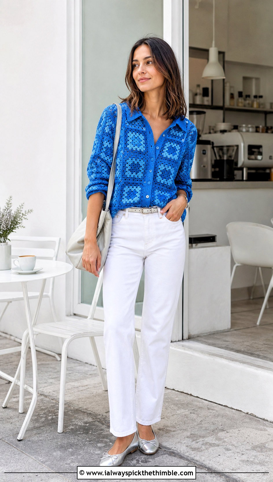 Monochrome Granny Square Button Up Shirt With White Jeans - 20 Granny Square Button Up Shirt outfit ideas