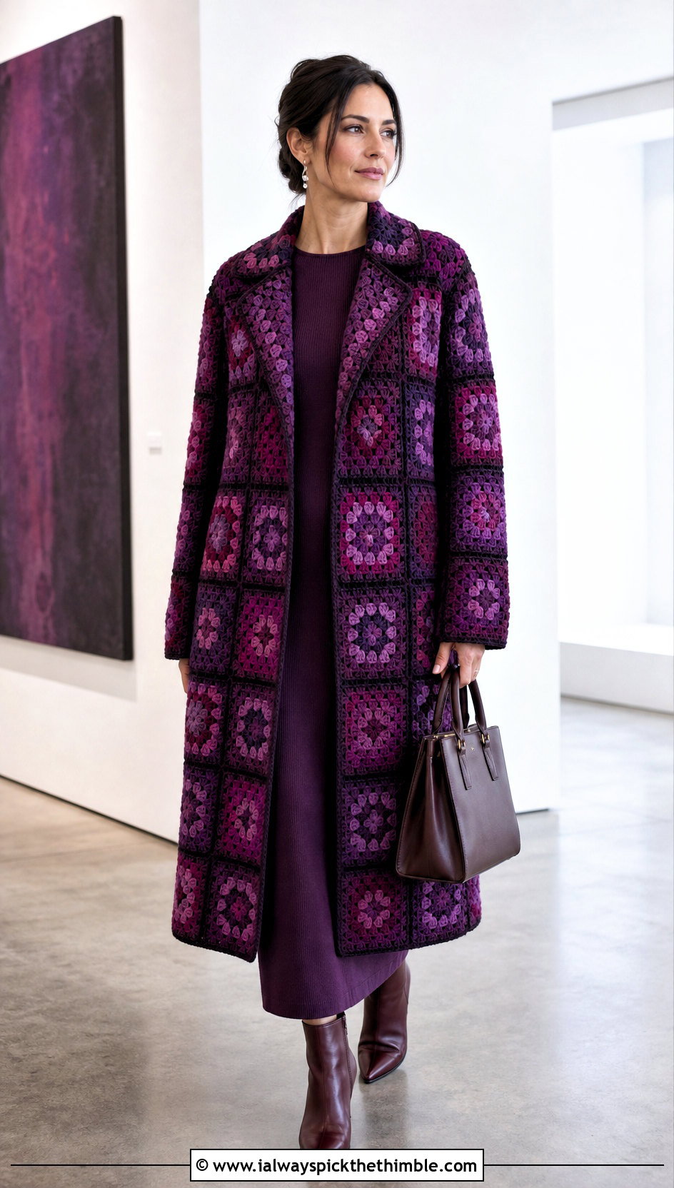 Monochrome Granny Square Car Coat With Knit Dress - 15 Granny Square Car Coat outfit ideas