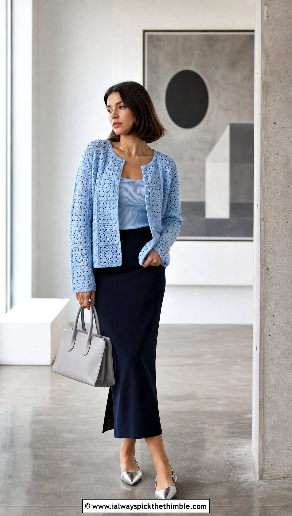 Monochrome Granny Square Cardigan With Column Skirt - 25 granny square cardigan outfit ideas