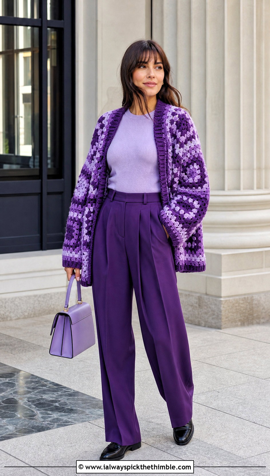 Monochrome Granny Square Cardigan With Pleated Trousers - 20 Oversized Granny Square Cardigan outfit ideas