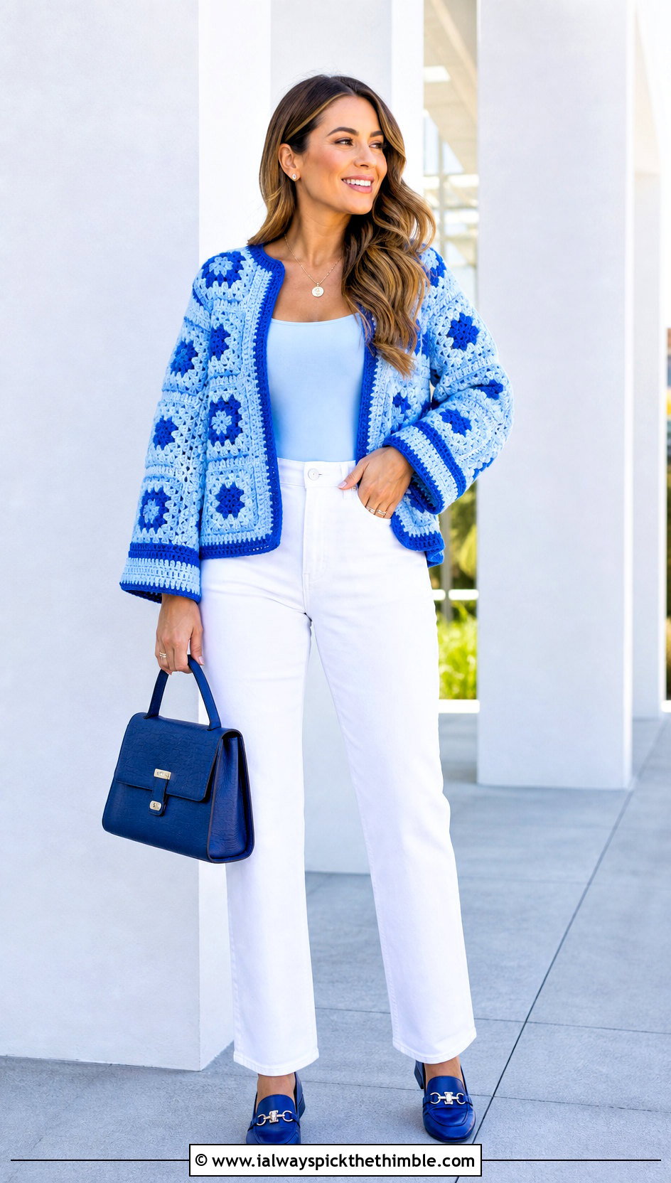 Monochrome Granny Square Cardigan With White Jeans - 25 Easy Simple Crochet Granny Square Cardigan outfit ideas