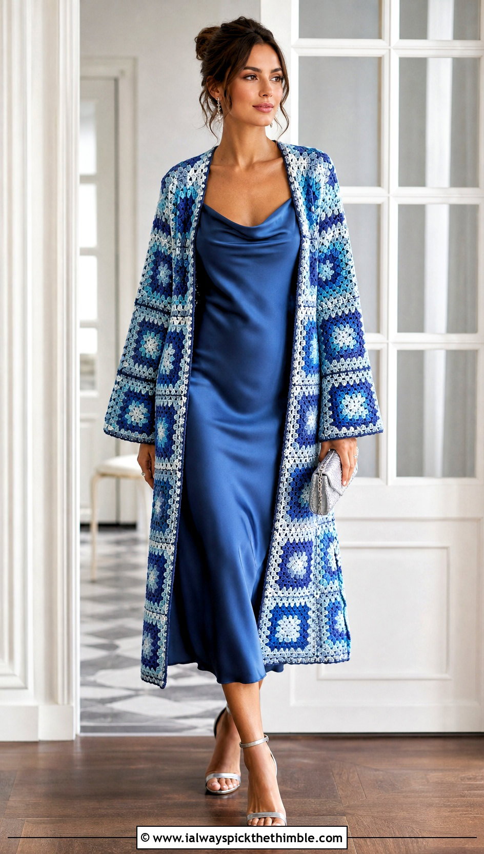 Monochrome Granny Square Coat With Slip Dress - 20 granny square coat outfit ideas